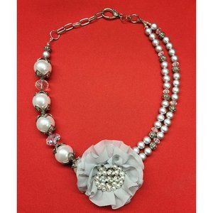 Gray and White Pearl Necklace with Cloth Floral Pearl Costume Jewelry